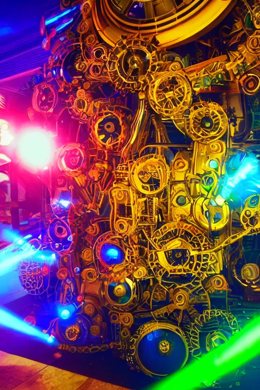 Image similar to portrait photo of a giant huge golden and blue metal futuristic steampunk robot covered with multicolored big gears and tubes, a red electric guitar, eyes are glowing red lightbulbs, shiny crisp finish, 3 d render, 8 k, insaneley detailed, fluorescent colors, background is multicolored lasershow