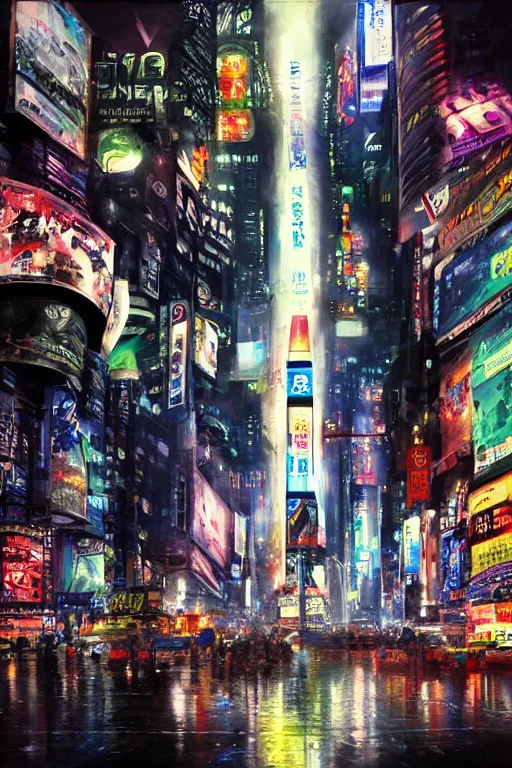 Image similar to neo tokyo time square in a rainy night, landscape, alex ross, neal Adams, david finch, concept art, matte painting, highly detailed, rule of thirds, dynamic lighting, cinematic, detailed, denoised, centerd