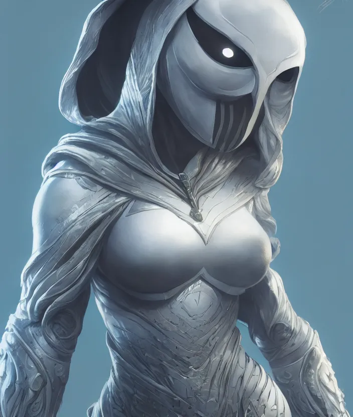 Image similar to female moon knight, hyper detailed, digital art, trending in artstation, cinematic lighting, studio quality, smooth render, unreal engine 5 rendered, octane rendered, art style by klimt and nixeu and ian sprigger and wlop and krenz cushart