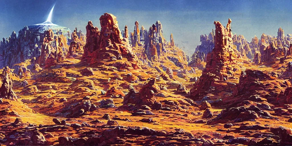 Prompt: incredible space rock landscape on an alien planet, giant citadel, lush, by Robert McCall