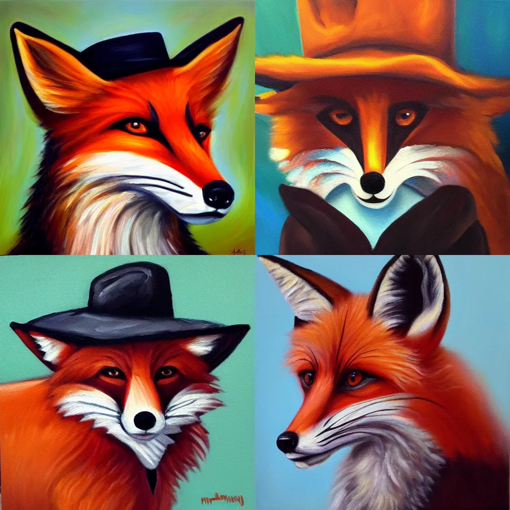 Prompt: Oil painting Fox wearing a Mafia hat