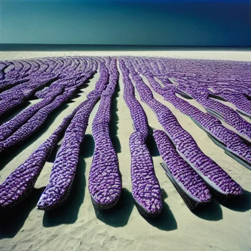 Prompt: a thousand beds on the beach by Storm Thorgerson, purple color scheme