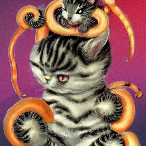 Image similar to fantasy illustration of cute, kitten-sized, tut-krogh caterpillars that spin a magic silk