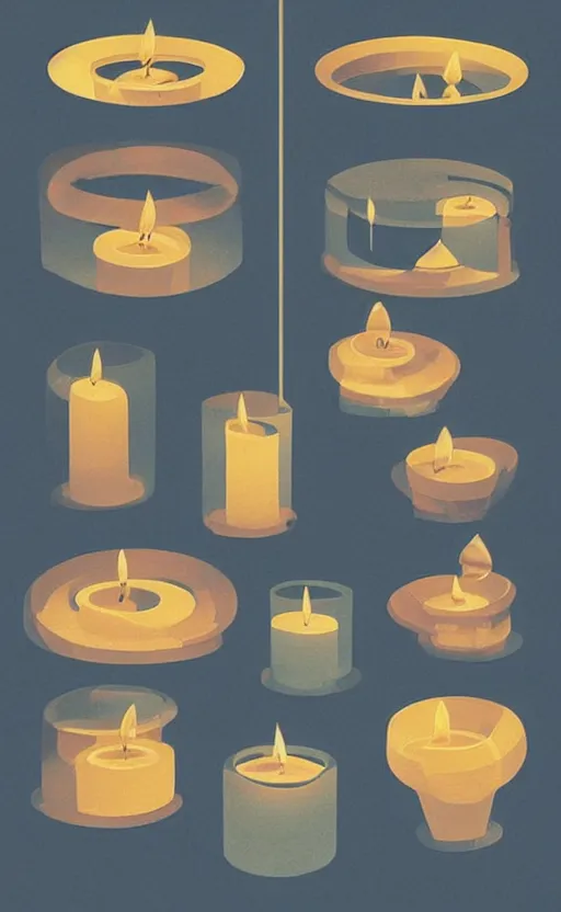 Image similar to illustration with a set of beautiful scented candles, close - up photo in cozy interior, candle lighting, shadow play, light refraction, mirror, glowing, pinterest, an art deco painting by tom whalen, trending on behance, art deco, digital illustration, storybook illustration, grainy texture, flat shading, vector art, airbrush, pastel, watercolor, poster