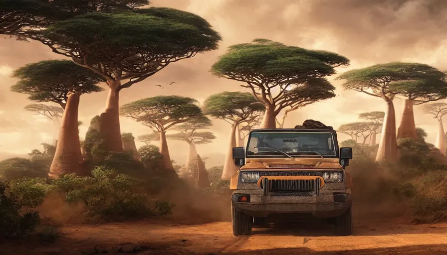 Image similar to mahindra thar driving through madagascar road with baobabs trees, animals running along, action scene, an epic fantasy, wide shot, artgerm, trending on artstation, masterpiece, by greg rutkowski, by ross tran, by fenghua zhong, octane, soft render, ultrarealistic, colorful, cinematic, shadow of the tomb rider