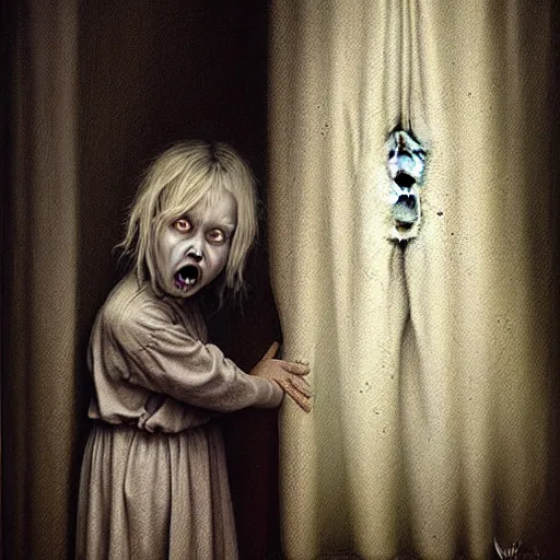 Image similar to Curtain Ghost by Mark Arian, dark, horror, surrealism, horror scene of a child staring outside the window. Screaming for help by Santiago Caruso, Stefan Koidl and Kentaro Miura