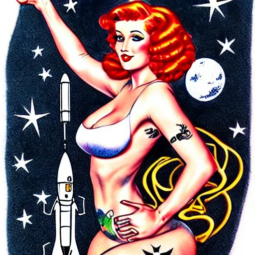 Image similar to photorealistic old school, traditional style tattoo sketch of most beautiful redhead pinup girl, full body portrait in space holding a lazer pistol and sitting on a rocket drawn by sailor jerry, vic james, electric martina, heath clifford, kimi vera