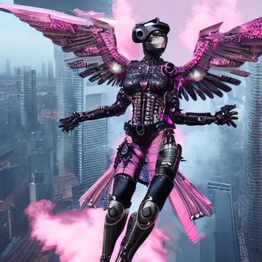 Image similar to cyberpunk valkyrie flying above a cityscape with wings made of metal, pink and silver armor, high detail, pink smoke rising,