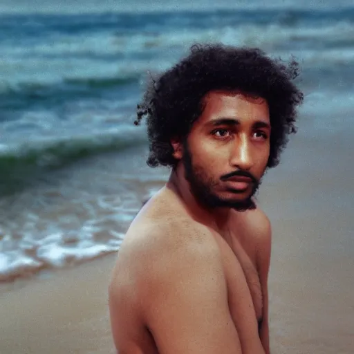 Image similar to somali male, curly hair, portrait, vintage, water, on beach, nostalgic, nature, dreamy, pastel, studio ghibli, thoughtful, wise, intricate details, shot in 1 9 8 0 s