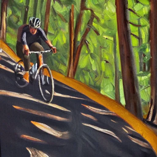 Image similar to man biking up a steep forest hill, sweaty. Oil painting. Emotional. Steep. Trees