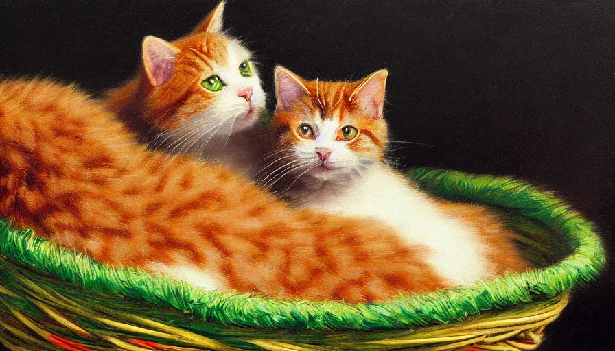 Image similar to highly detailed painting of green and red furry cats cuddling in a basket by william turner, thick brush strokes and visible paint layers, 4 k resolution