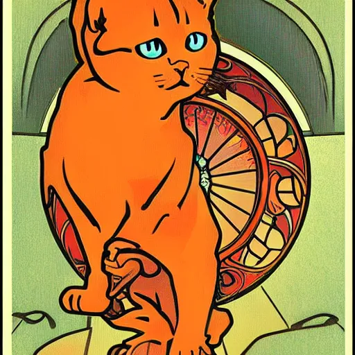 Image similar to a orange cat in virtual reality, in the style of alphonse mucha