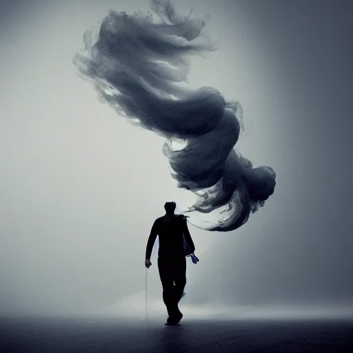 Image similar to swirling smoke in the shape of a man walking, octane render, dramatic lighting, cinematic