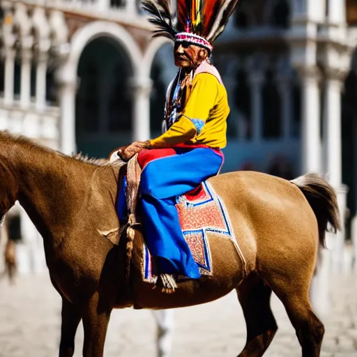 Image similar to photo of an Indian chief on a horse at St. Marco square in Venice, 50mm, beautiful photo