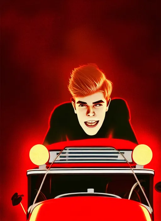 Image similar to closeup of teenage archie andrews, in a red ford model t, misty, atmospheric, riverdale, intricate, elegant, glowing lights, highly detailed, digital painting, artstation, sharp focus, illustration, art by wlop, mars ravelo and greg rutkowski