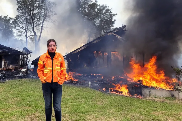 Prompt: disaster nala standing in front of burning house looking at camera by croxot