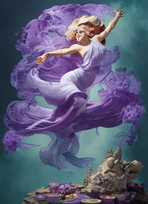 Image similar to madam mim, purple smoke aura in motion, floating pieces, painted art by tsuyoshi nagano, greg rutkowski, artgerm, alphonse mucha, spike painting