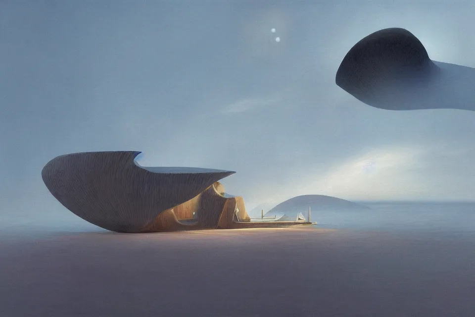 Image similar to a seashell house designed by snohetta, pinted in the style of john harris and moebius