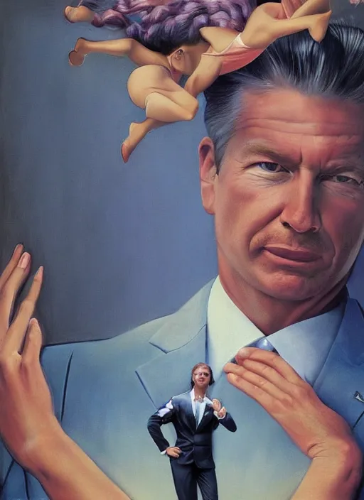 Prompt: ultrawide angle colour portrait masterpiece photography of vince mcmahon jr in leisure suit shot by annie leibovitz michael cheval miho hirano moebius josh kirb