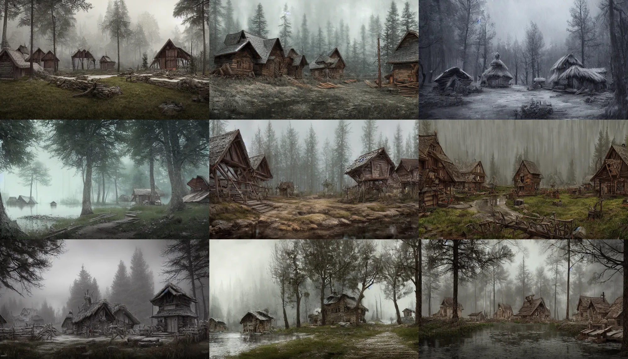 Prompt: Slavic wooden village build in a forest near of a lake, grey sky, hyperdetailed, artstation, cgsociety, 8k