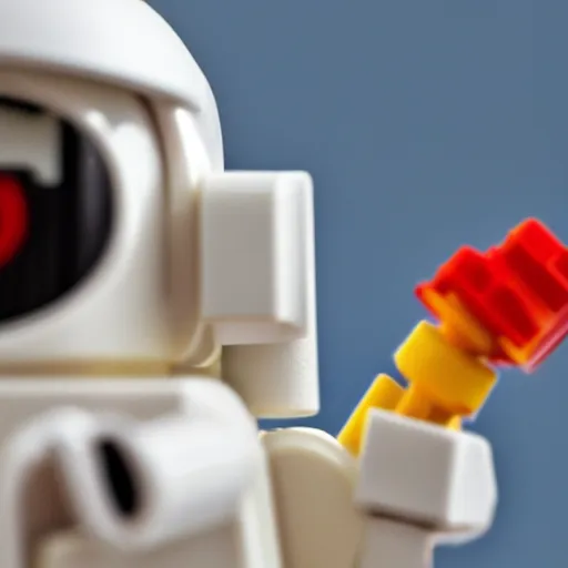 Image similar to closeup shot of lego astronaut standing on a potato ( eos 5 ds r, iso 1 0 0, f / 8, 1 / 1 2 5, 8 4 mm, postprocessed, bokeh )