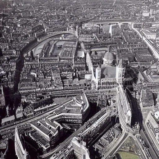 Prompt: aerial shot of London, 35mm Kodachrome photograph circa 1960