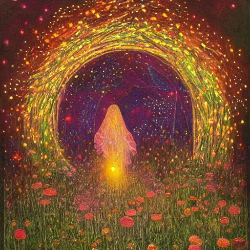 Prompt: a beautiful painting of a magical portal made of wood and glowing jewels in a field of flowers by moebius