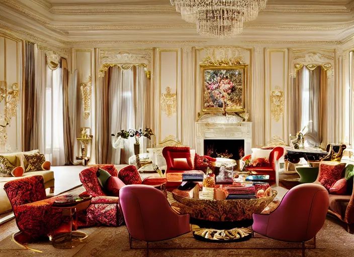 Image similar to luxury living room designed by jeff koons, interior design magazine photography