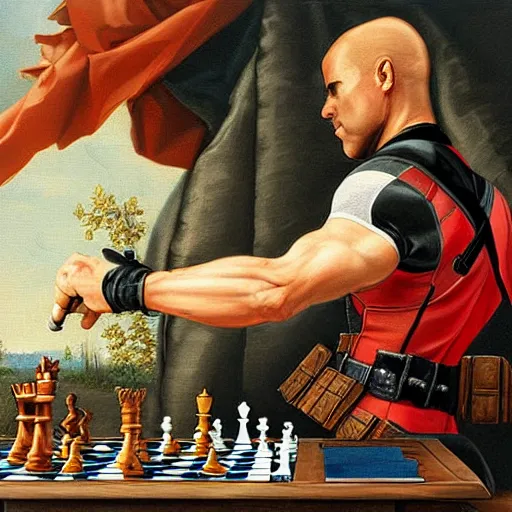 Prompt: deadpool playing chess looking wise, rococo oil painting, highly detailed