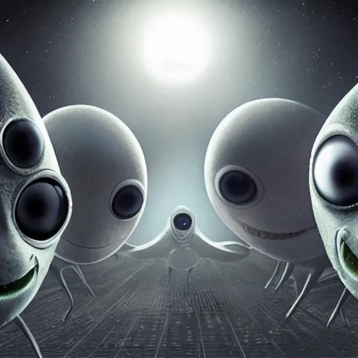 Image similar to grey aliens with large eyes watching over an enslaved humanity