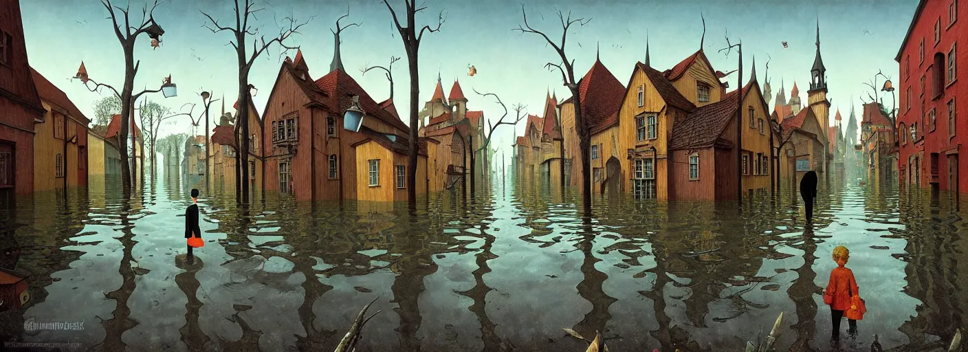 Image similar to flooded! old wooden empty cursed city street, very coherent and colorful high contrast masterpiece by gediminas pranckevicius franz sedlacek rene magritte norman rockwell, full - length view, dark shadows, sunny day, hard lighting, reference sheet white background