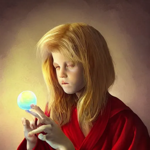 Image similar to Portrait of a 12 year old white boy with blond medium length hair, sitting cross-legged, wearing red sorcerer's robes, holding a crystal ball in his hands and gazing into it, inside of a cabin, Dungeon's & Dragons, digital illustration, deviantart, matte fantasy painting, by Jason Felix by Steve Argyle by Tyler Jacobson by Peter Mohrbacher