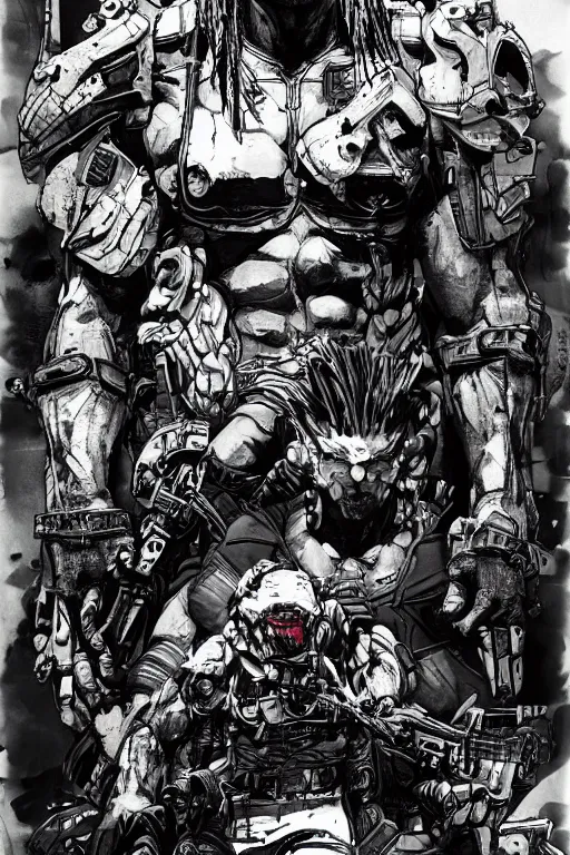 Image similar to predator illustrated by yoji shinkawa, science fiction horror action, ink, digital painting, highly detailed, trending on artstation, sharp focus, illustration, concept art, norman rockwell