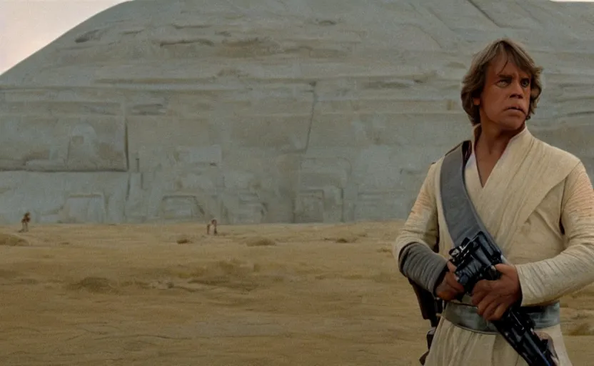 Prompt: screenshot portrait shot of Luke Skywalker in front of the ancient Jedi Temple, morning, landscape, no people, no man, lost world, sharp focus, from the 1970s sci fi thriller by Stanely Kubrick film, color kodak, ektochrome, anamorphic lenses, detailed faces, moody cinematography