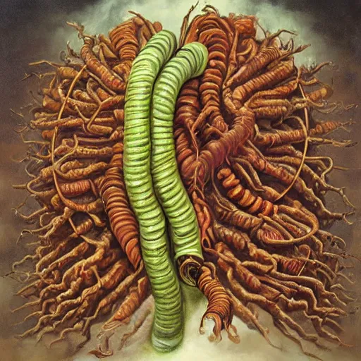 Prompt: mood, apocalyptic airbrush by martin grelle. a painting of the human intestine in all its glory. each section of the intestine is labelled, & various items & creatures can be seen inside, such as bacteria, food particles, & even a little mouse.