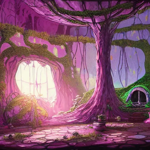 Image similar to concept art painting of a interior of a fungal cozy alien fantasy fairytale house, with black vines and magenta plants, realistic, detailed, cel shaded, dark, in the style of makoto shinkai and greg rutkowski and james gurney