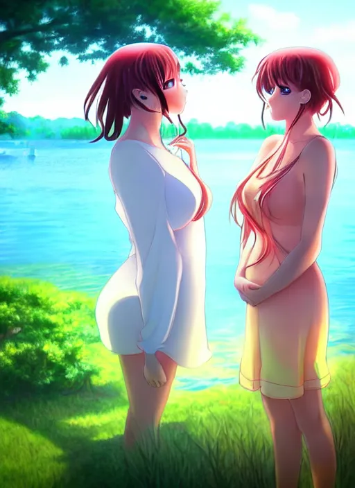 Image similar to two beautiful mothers out by the lake on a humid summer day, gorgeous faces, thick lines, cinematic lighting, detailed anime art