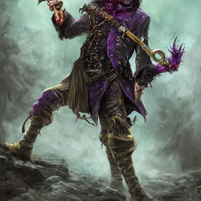 Image similar to Zombie pirate Captain wielding a sandstone rapier and sandstone dagger. Wearing a hat with an impressive feather and with a brutal scar across his neck. Magic, dark, purple lighting, flux. High fantasy, digital painting, HD, 4k, detailed.