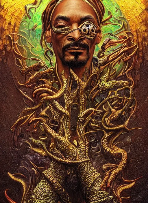 Image similar to snoop dogg reptile eyes, shamanic poster lsd art, intricate, elegant, highly detailed, centered, digital painting, artstation, concept art, smooth, sharp focus, illustration, artgerm, tomasz alen kopera, peter mohrbacher, donato giancola, joseph christian leyendecker, wlop, frank frazetta