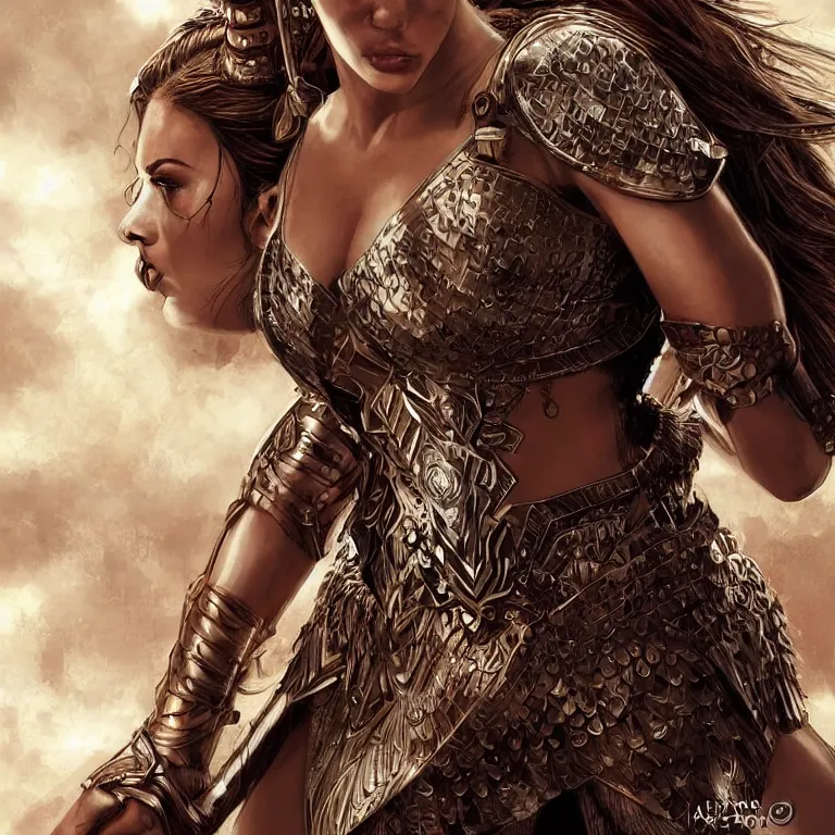 Image similar to scarlett johannson as an amazon warrior, a tall beautiful woman with brown skin and long hair, dressed in hellenistic body armor, intricate, elegant, highly detailed, smooth, sharp focus, detailed face, art by ardian syaf