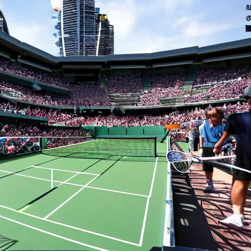 Prompt: Robots-androids playing tennis in Australian Open 2032 in Sydney, sunny weather, amazing