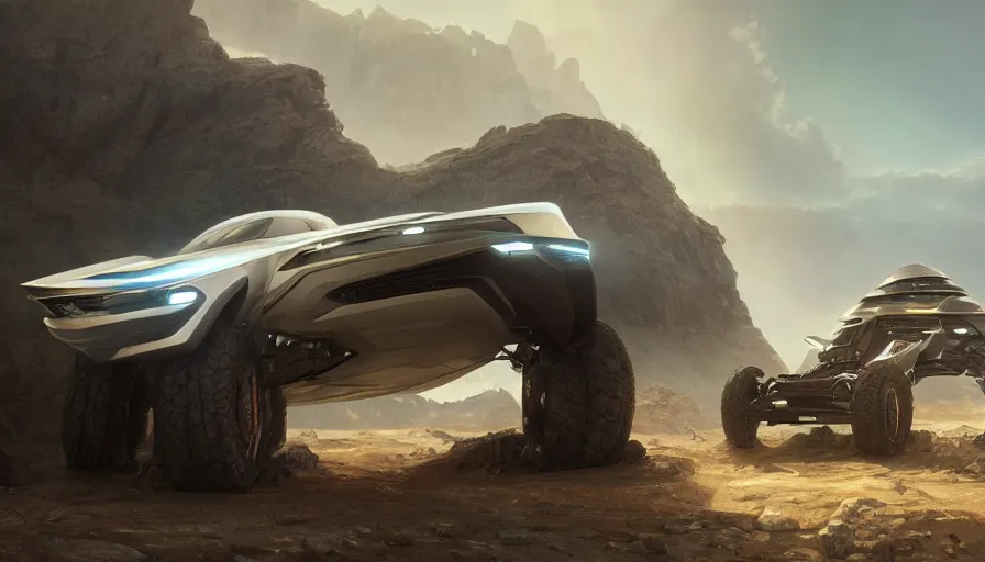 Prompt: a futuristic offroad suv designed by apple riding through socotra island, artgerm and greg rutkowski and alphonse mucha, an epic fantasy, establishing shot, volumetric light, detailed, trending on art station, octane render, midsommar