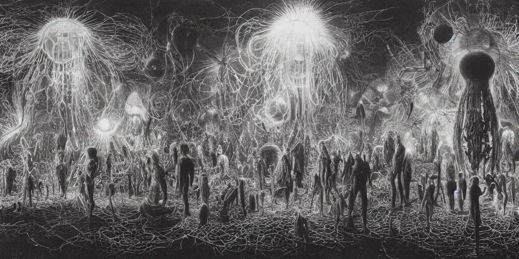 Image similar to a multiverse interpretation of a single scene with people, quantum physics, neon explosion of light, zdzislaw beksinski, by ernst haeckel, 8 k concept art, incredible masterpiece, anime illustration of a cinema, cinematic scene, viewers and directors, a futuristic theatre