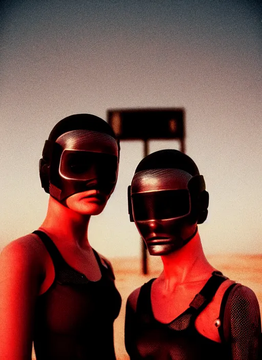 Image similar to cinestill 5 0 d photographic portrait of two loving female androids wearing rugged black mesh techwear on a desolate plain with a red sky, extreme closeup, cyberpunk style, garters, dust storm, 8 k, hd, high resolution, 3 5 mm, f / 3 2, ultra realistic faces, ex machina