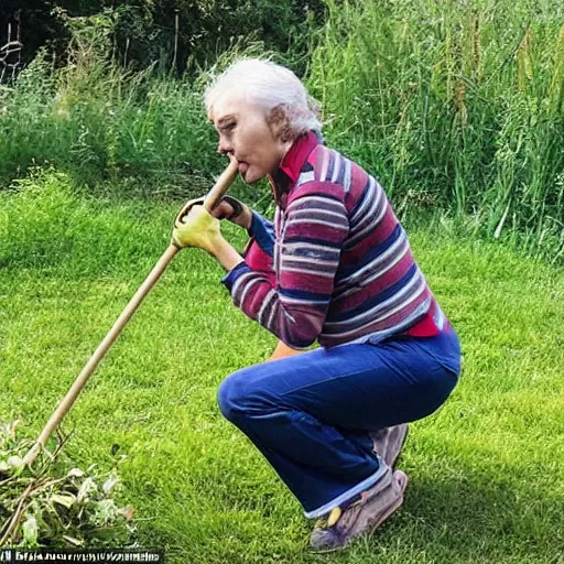 Prompt: a pixar character, a beautiful and mad canadian woman, on her knees, pulling weeds out frantically, some grey hair, stripey pants,