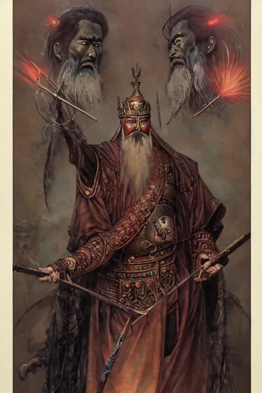 Image similar to a portrait of guan yu by wayne barlowe, gustav moreau, goward,  Gaston Bussiere and roberto ferri, santiago caruso, and austin osman spare, ((((occult art))))