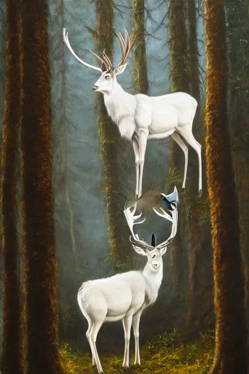 Prompt: an oil painting of the king of the forest: a white stag, beautiful, fantasy, hyper realistic, dramatic lighting