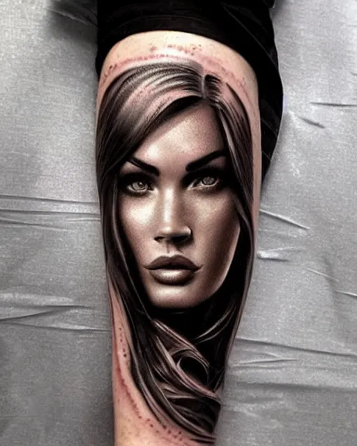 Image similar to double exposure effect tattoo design sketch that combines megan fox with beautiful mountain scenery, realism tattoo, in the style of den yakovlev, amazing detail, sharp