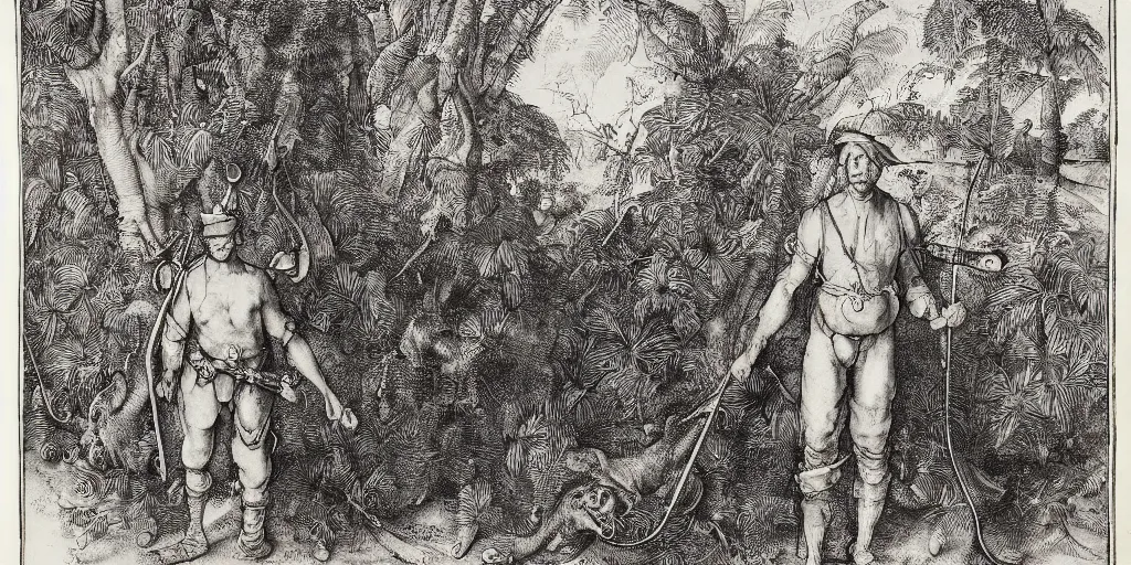 Image similar to A colonial soldier with a snake head, in a tropical forest by Albrecht Dürer, ink, engraving, 17th century, landscape