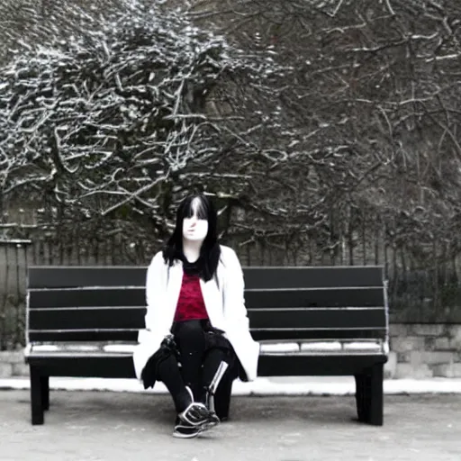 Image similar to an emo goth girl sitting on a bench in front of a British house on a freezing cold day, 2006, black hair